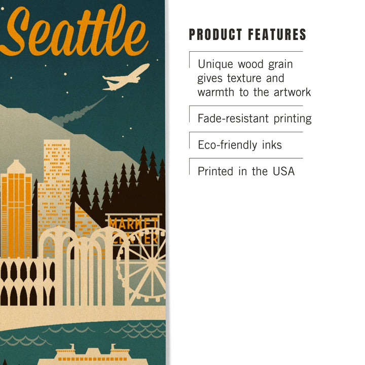 Seattle, Washington, Retro Skyline, Lantern Press Artwork, Wood Signs and Postcards Wood Lantern Press 