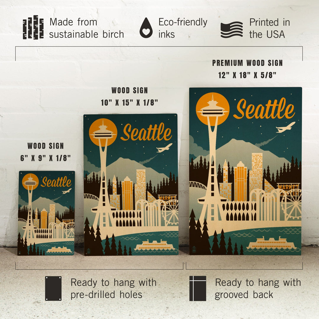 Seattle, Washington, Retro Skyline, Lantern Press Artwork, Wood Signs and Postcards Wood Lantern Press 