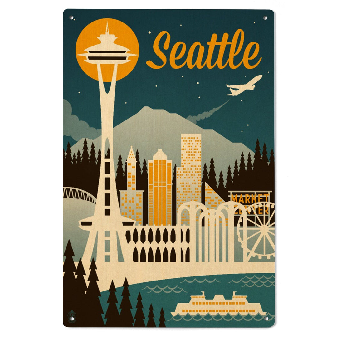 Seattle, Washington, Retro Skyline, Lantern Press Artwork, Wood Signs and Postcards Wood Lantern Press 