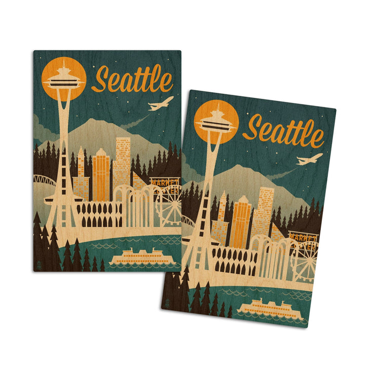 Seattle, Washington, Retro Skyline, Lantern Press Artwork, Wood Signs and Postcards Wood Lantern Press 4x6 Wood Postcard Set 