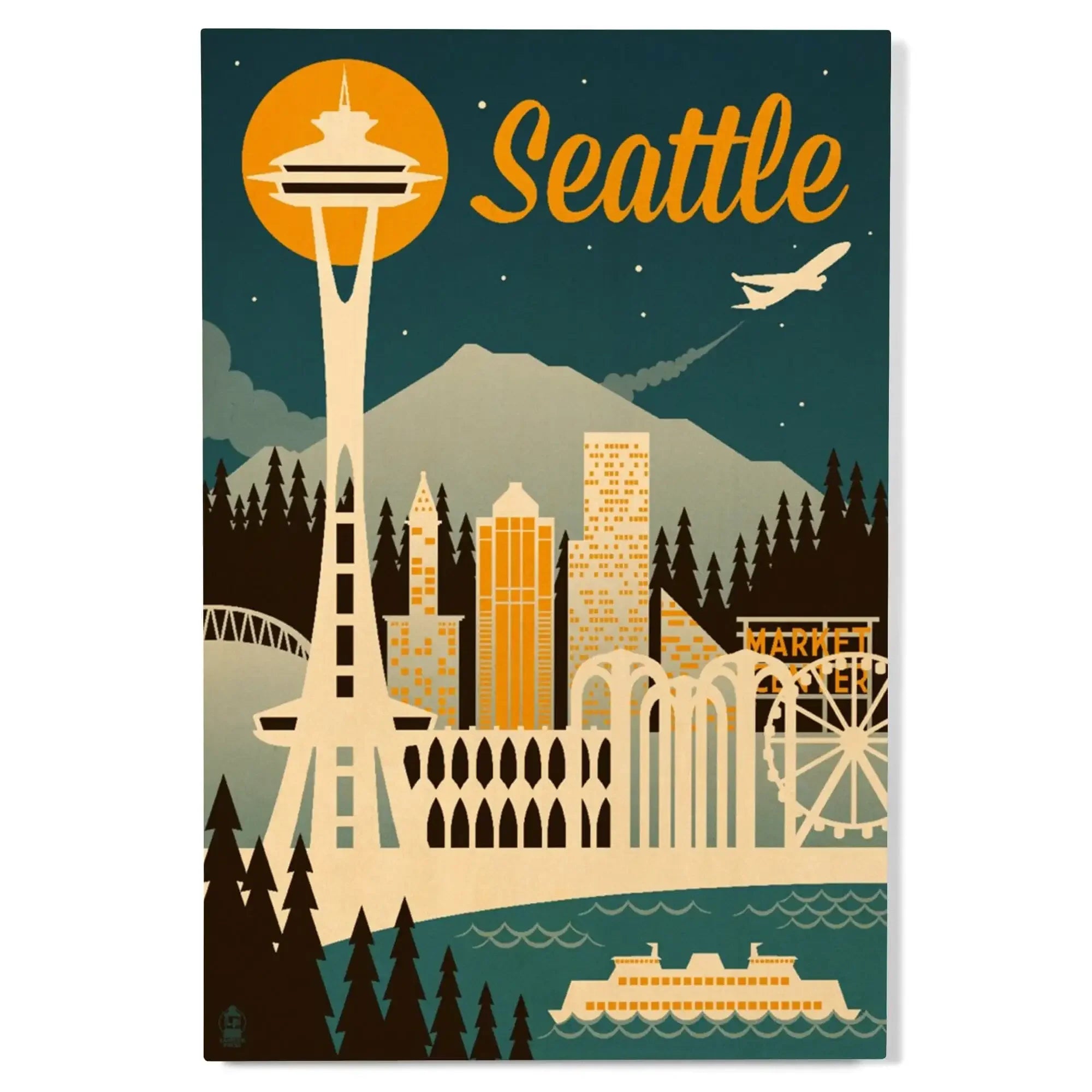 Seattle, Washington, Retro Skyline, Lantern Press Artwork, Wood Signs