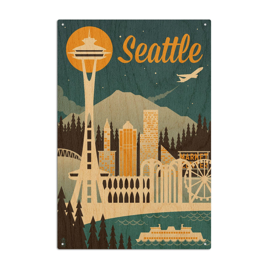 Seattle, Washington, Retro Skyline, Lantern Press Artwork, Wood Signs and Postcards Wood Lantern Press 6x9 Wood Sign 