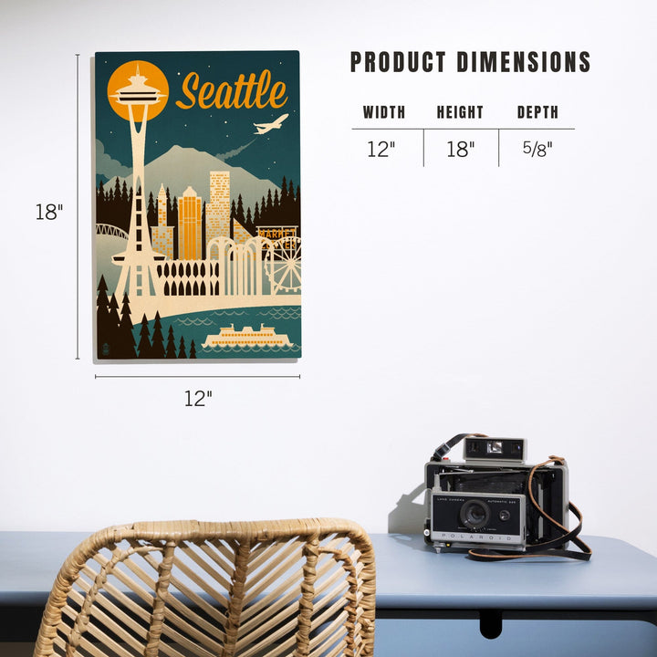 Seattle, Washington, Retro Skyline, Lantern Press Artwork, Wood Signs and Postcards Wood Lantern Press 