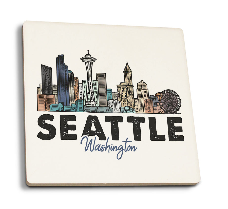 Seattle, Washington, Skyline, Icon, Contour, Lantern Press Artwork, Coaster Set Coasters Lantern Press 