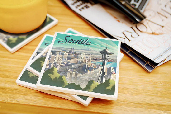 Seattle, Washington, Skyline, Lithograph, Lantern Press Artwork, Coaster Set Coasters Lantern Press 
