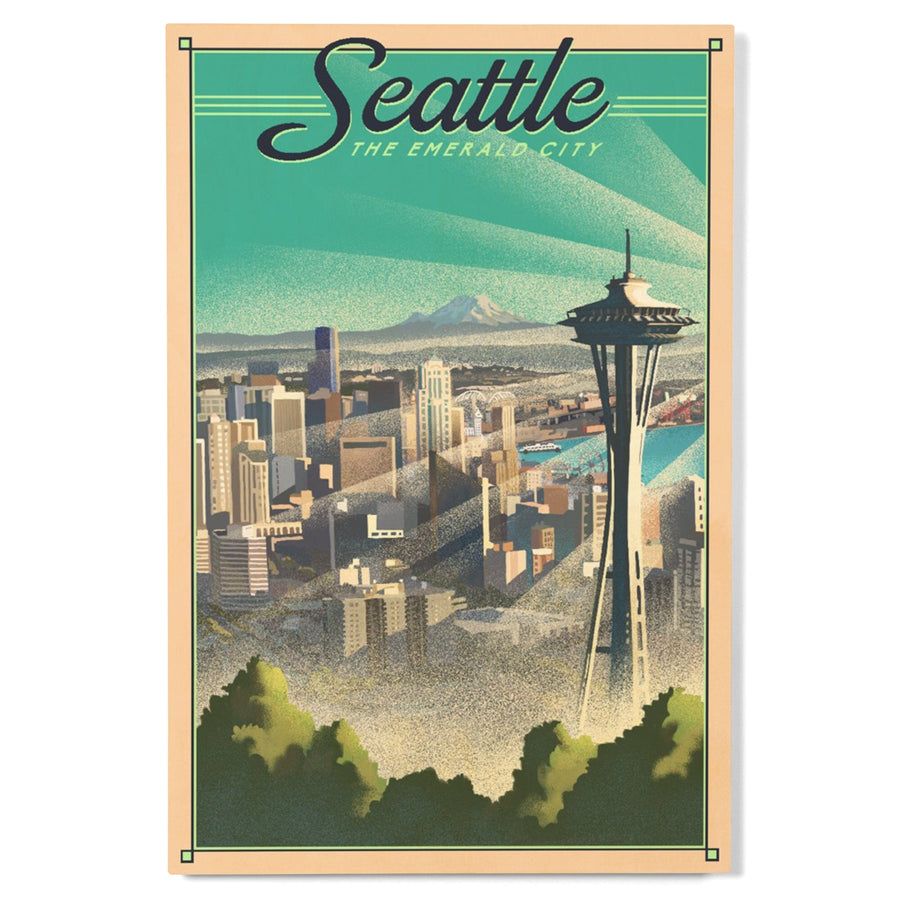 Seattle, Washington, Skyline, Lithograph, Lantern Press Artwork, Wood Signs and Postcards Wood Lantern Press 