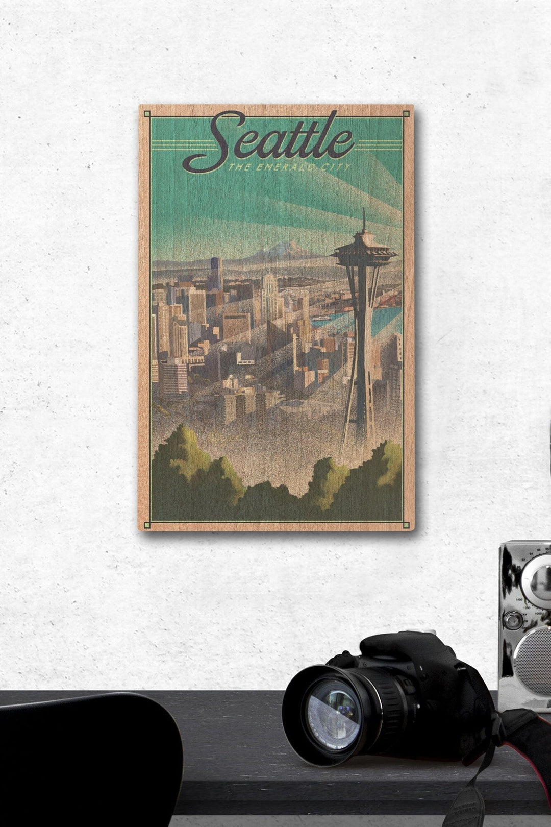 Seattle, Washington, Skyline, Lithograph, Lantern Press Artwork, Wood Signs and Postcards Wood Lantern Press 12 x 18 Wood Gallery Print 