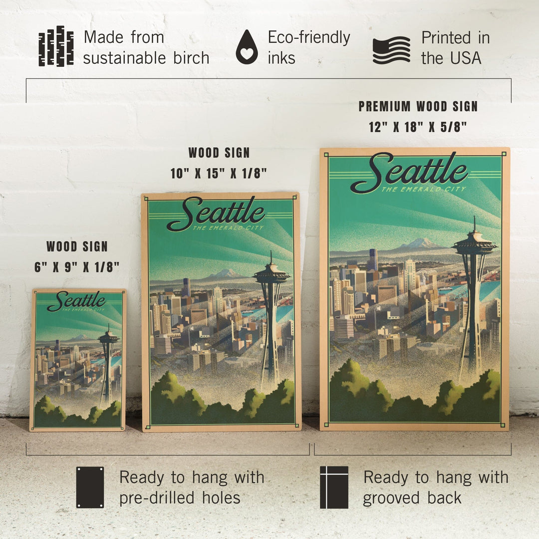 Seattle, Washington, Skyline, Lithograph, Lantern Press Artwork, Wood Signs and Postcards Wood Lantern Press 