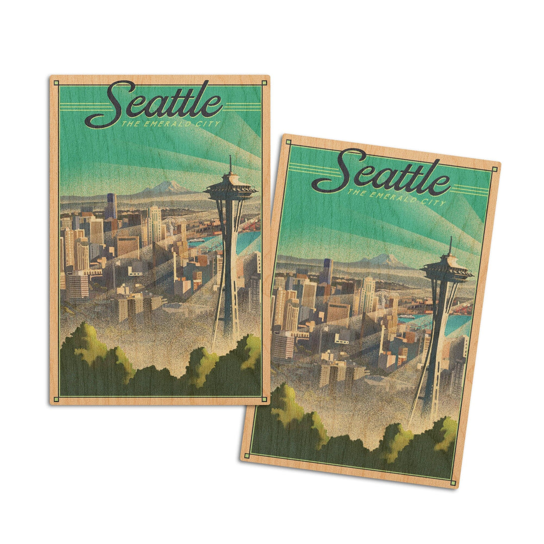 Seattle, Washington, Skyline, Lithograph, Lantern Press Artwork, Wood Signs and Postcards Wood Lantern Press 4x6 Wood Postcard Set 