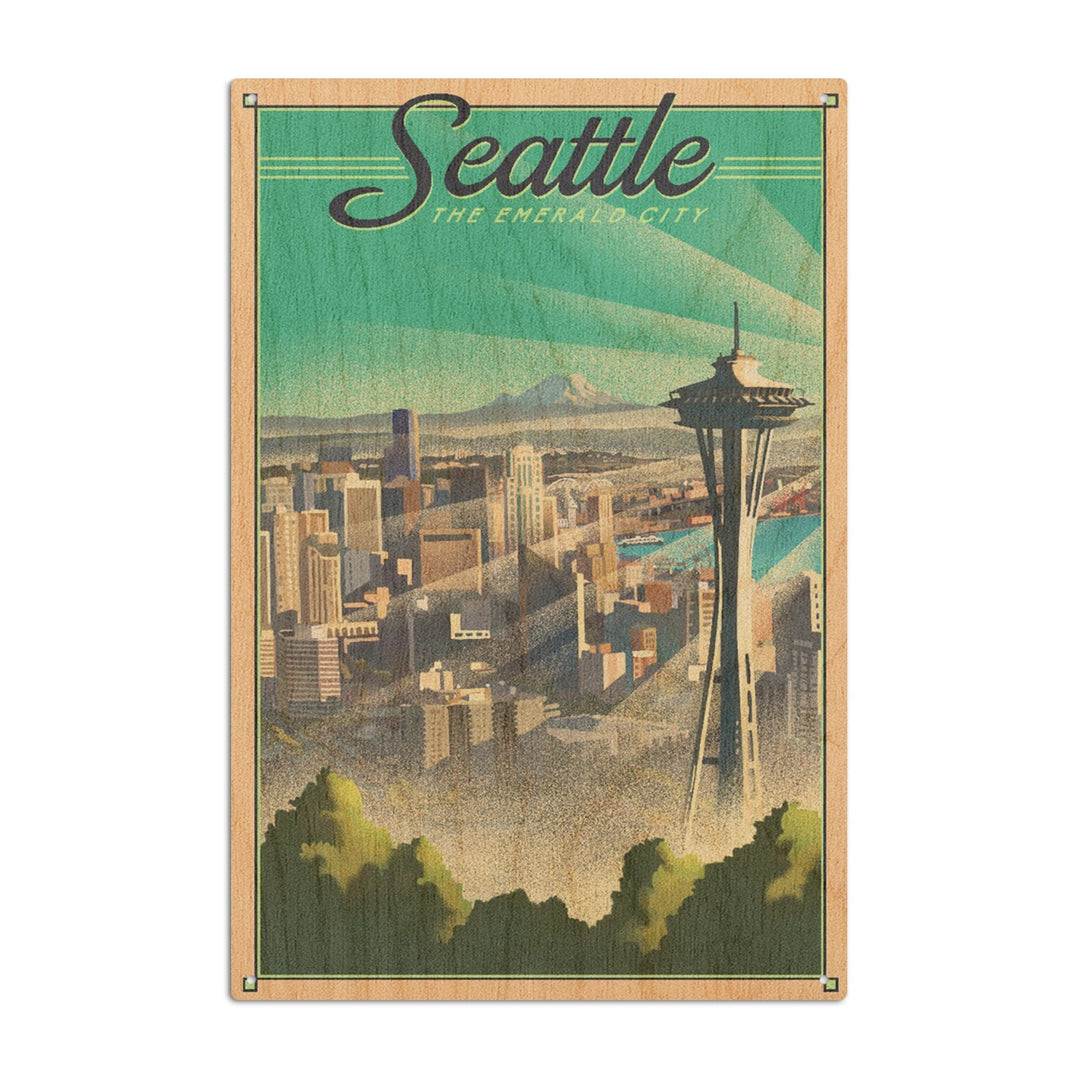 Seattle, Washington, Skyline, Lithograph, Lantern Press Artwork, Wood Signs and Postcards Wood Lantern Press 6x9 Wood Sign 
