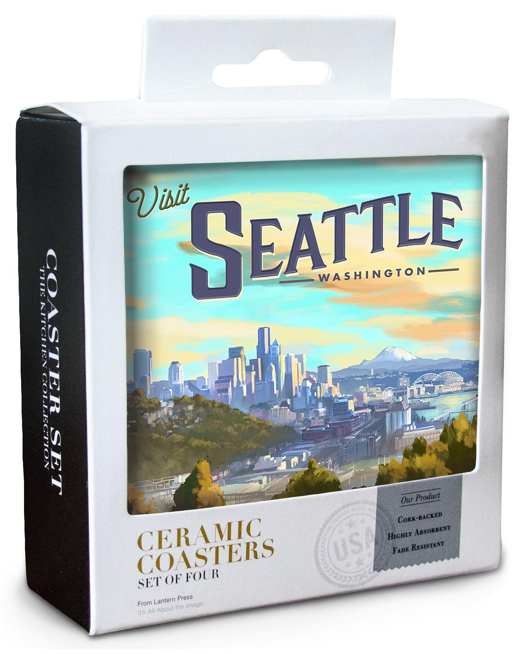 Seattle, Washington, Skyline, Oil Painting, Lantern Press Artwork, Coaster Set Coasters Lantern Press 