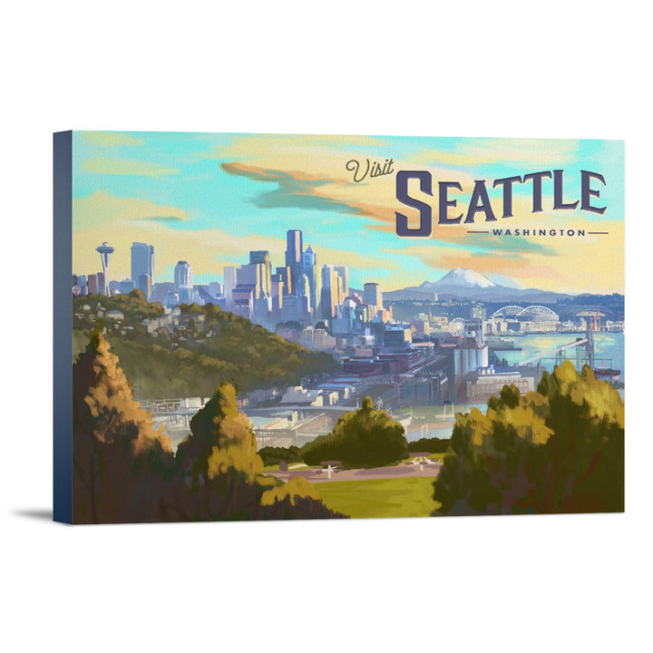 Seattle, Washington, Skyline, Oil Painting, Lantern Press Artwork, Stretched Canvas Canvas Lantern Press 12x18 Stretched Canvas 