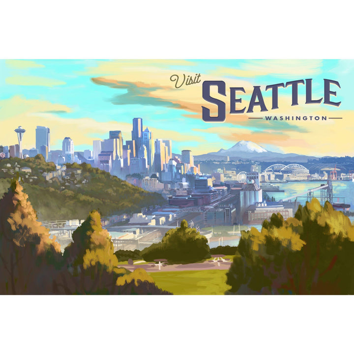 Seattle, Washington, Skyline, Oil Painting, Lantern Press Artwork, Stretched Canvas Canvas Lantern Press 