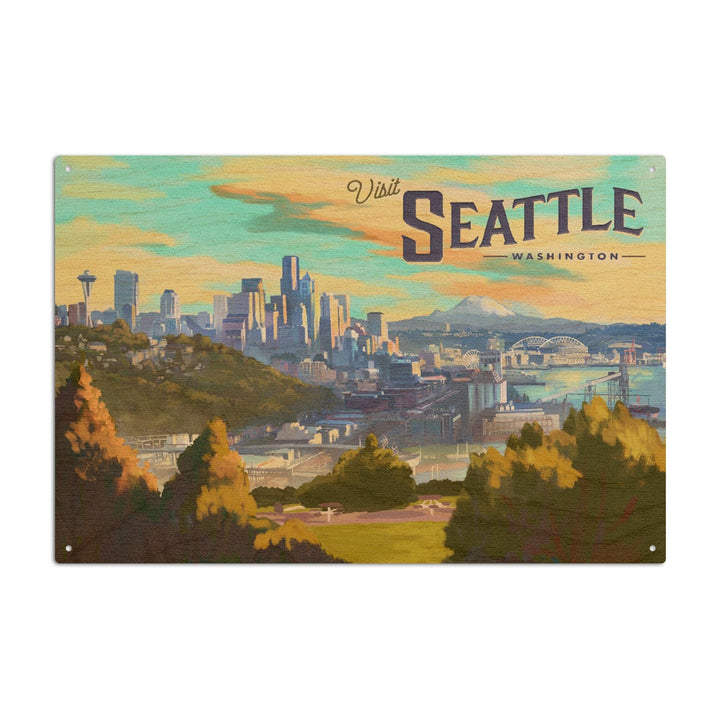 Seattle, Washington, Skyline, Oil Painting, Lantern Press Artwork, Wood Signs and Postcards Wood Lantern Press 10 x 15 Wood Sign 