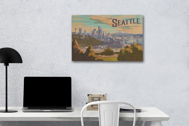 Seattle, Washington, Skyline, Oil Painting, Lantern Press Artwork, Wood Signs and Postcards Wood Lantern Press 12 x 18 Wood Gallery Print 