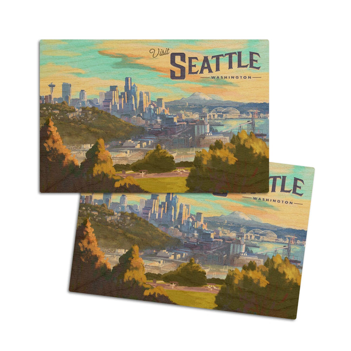 Seattle, Washington, Skyline, Oil Painting, Lantern Press Artwork, Wood Signs and Postcards Wood Lantern Press 4x6 Wood Postcard Set 