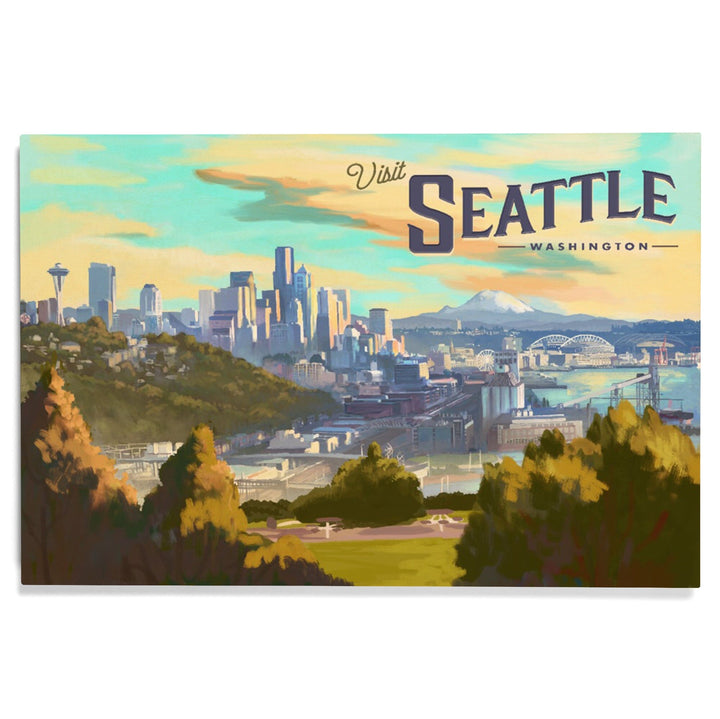 Seattle, Washington, Skyline, Oil Painting, Lantern Press Artwork, Wood Signs and Postcards Wood Lantern Press 