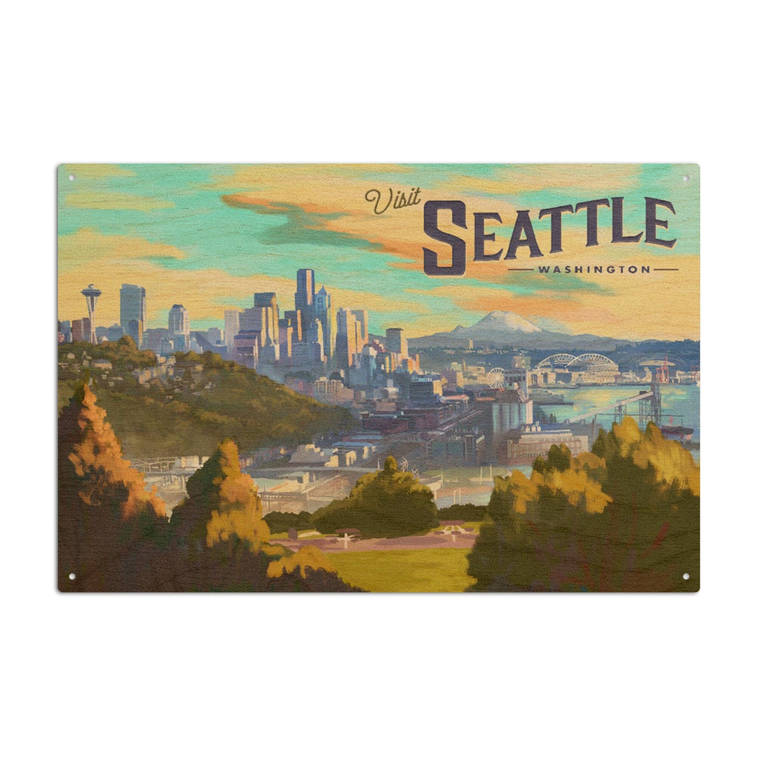 Seattle, Washington, Skyline, Oil Painting, Lantern Press Artwork, Wood Signs and Postcards Wood Lantern Press 6x9 Wood Sign 