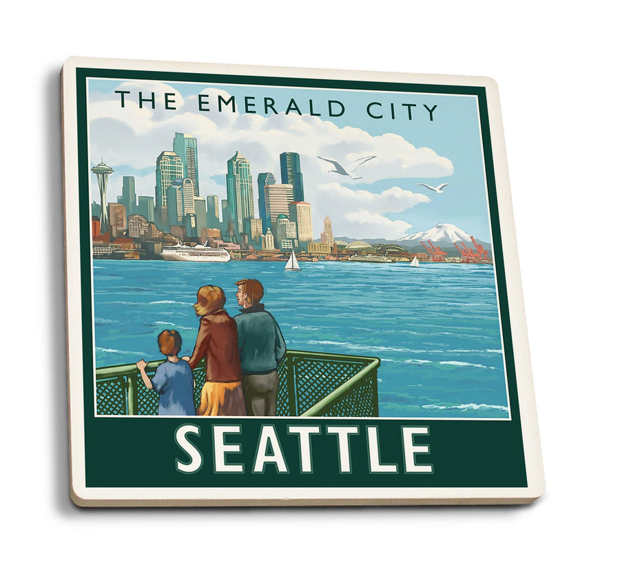 Seattle, Washington, Skyline, The Emerald City and Ferry, Lantern Press Artwork, Coaster Set Coasters Lantern Press 