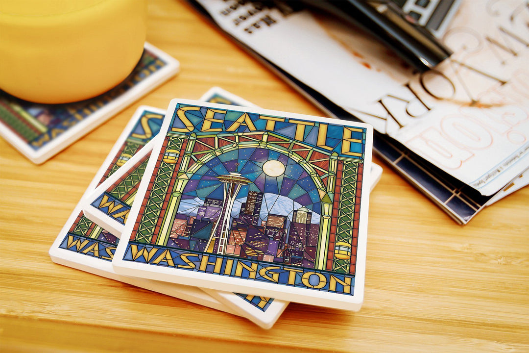 Seattle, Washington, Stained Glass Window, Lantern Press Artwork, Coaster Set Coasters Lantern Press 