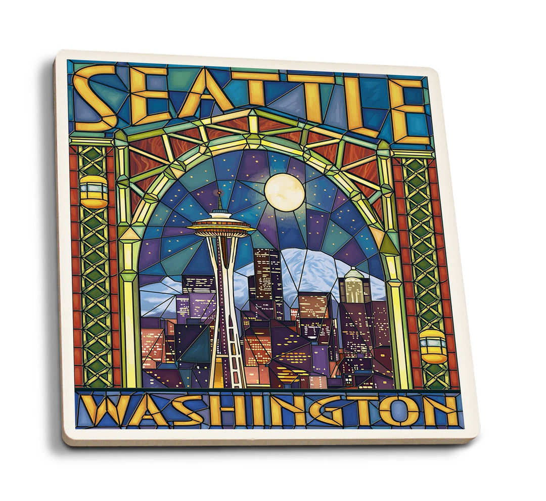 Seattle, Washington, Stained Glass Window, Lantern Press Artwork, Coaster Set Coasters Lantern Press 