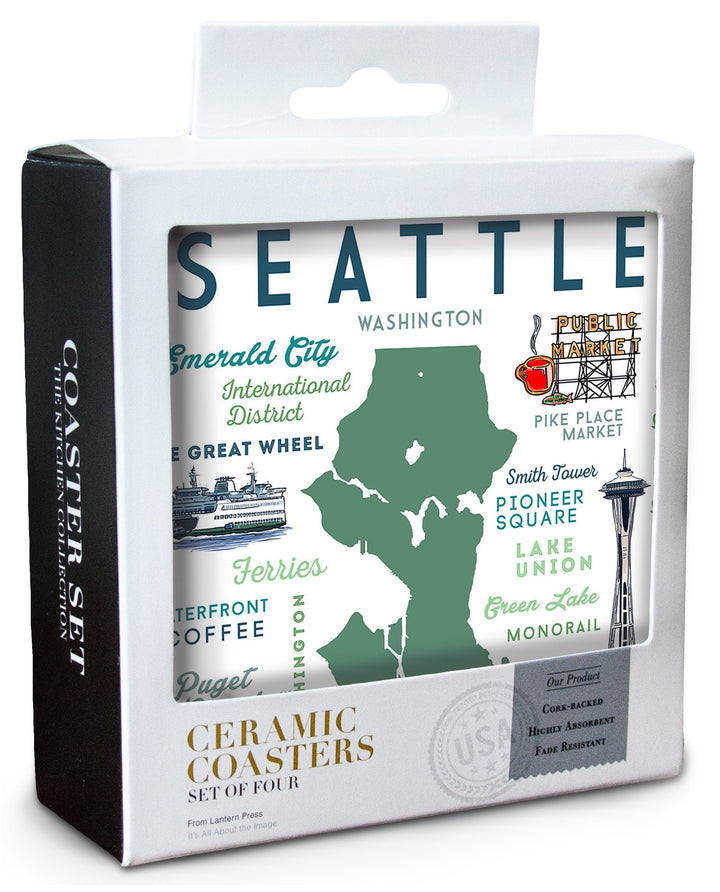 Seattle, Washington, Typography & Icons, Lantern Press Artwork, Coaster Set Coasters Lantern Press 