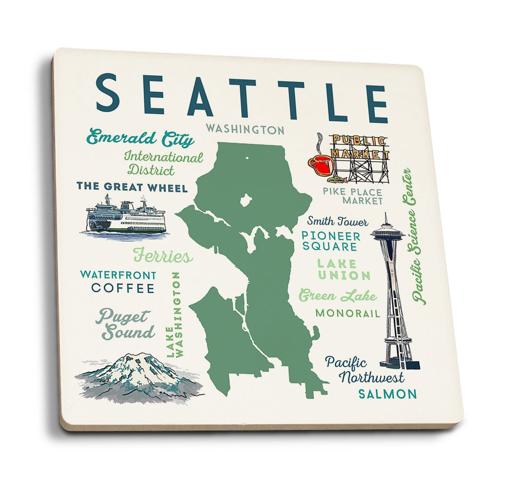 Seattle, Washington, Typography & Icons, Lantern Press Artwork, Coaster Set Coasters Lantern Press 
