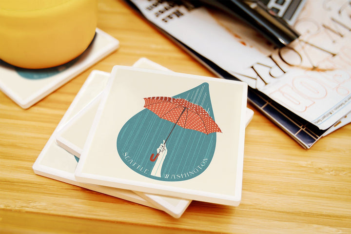 Seattle, Washington, Umbrella Letterpress, Contour, Lantern Press Artwork, Coaster Set Coasters Lantern Press 