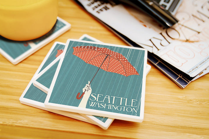 Seattle, Washington, Umbrella Letterpress, Lantern Press Artwork, Coaster Set Coasters Lantern Press 