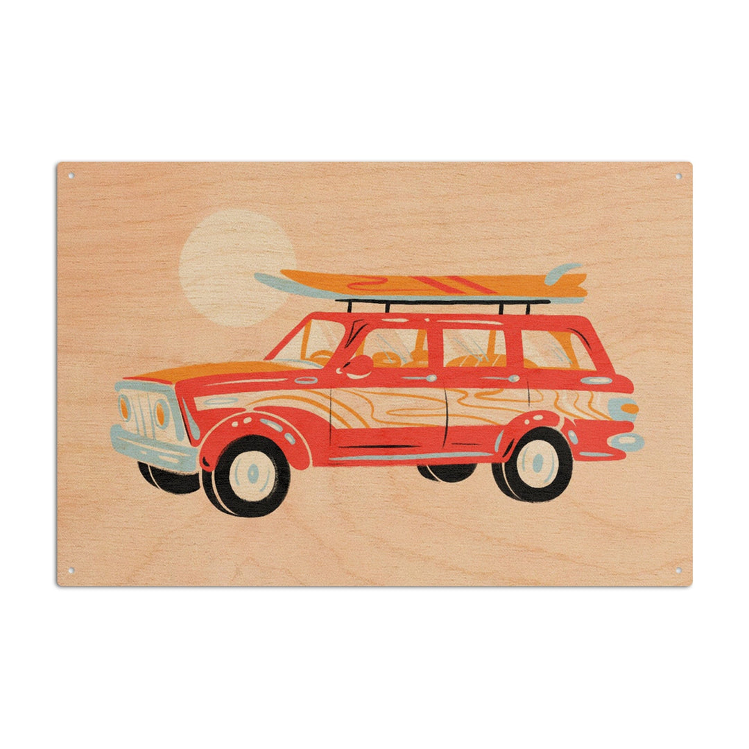 Secret Surf Spot Collection, Woody Wagon With Surfboards, Wood Signs and Postcards Wood Lantern Press 10 x 15 Wood Sign 