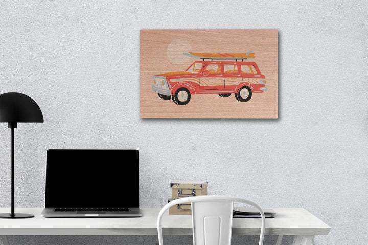 Secret Surf Spot Collection, Woody Wagon With Surfboards, Wood Signs and Postcards Wood Lantern Press 12 x 18 Wood Gallery Print 
