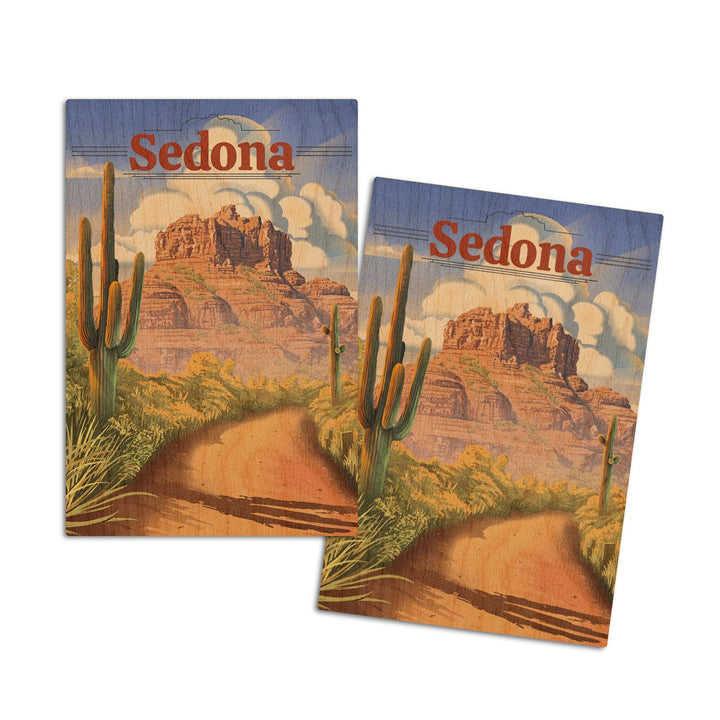 Sedona, Arizona, Bell Rock Lithograph, Lantern Press Artwork, Wood Signs and Postcards Wood Lantern Press 4x6 Wood Postcard Set 