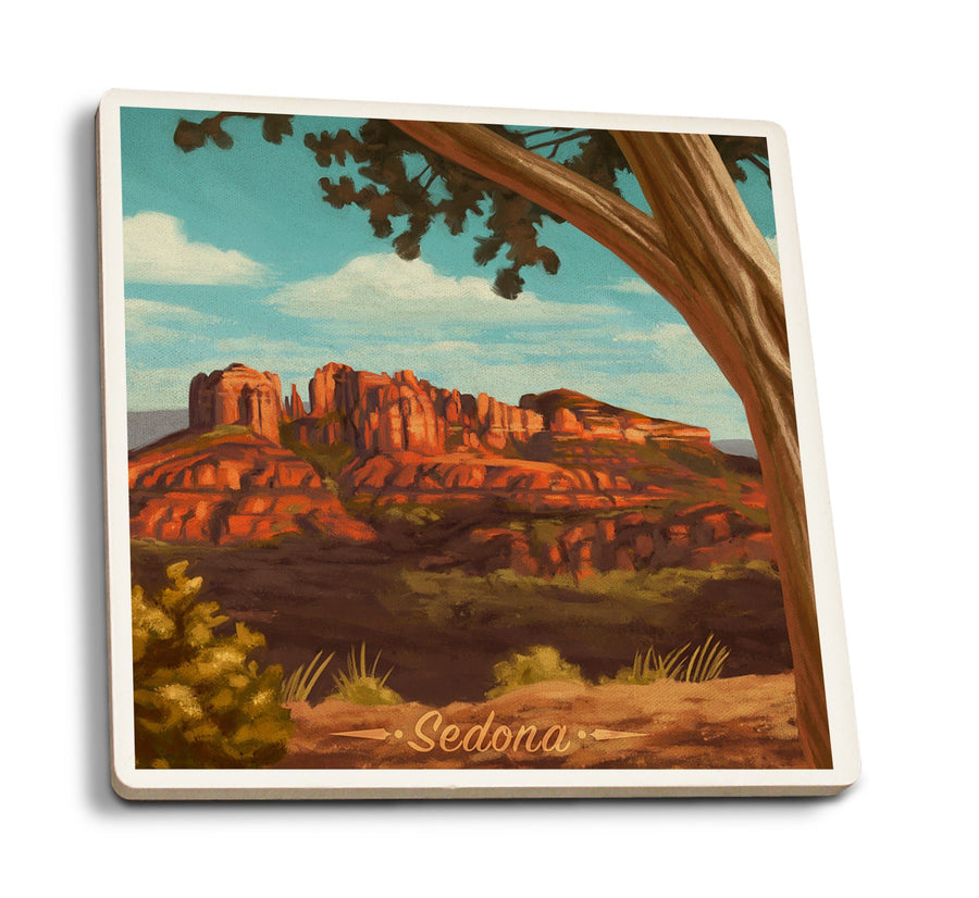 Sedona, Arizona, Canyon with Clouds Oil Painting, Lantern Press Artwork, Coaster Set Coasters Lantern Press 