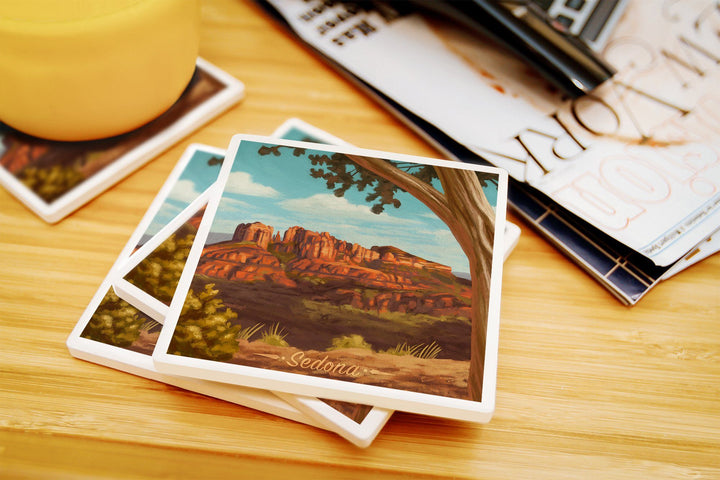 Sedona, Arizona, Canyon with Clouds Oil Painting, Lantern Press Artwork, Coaster Set Coasters Lantern Press 