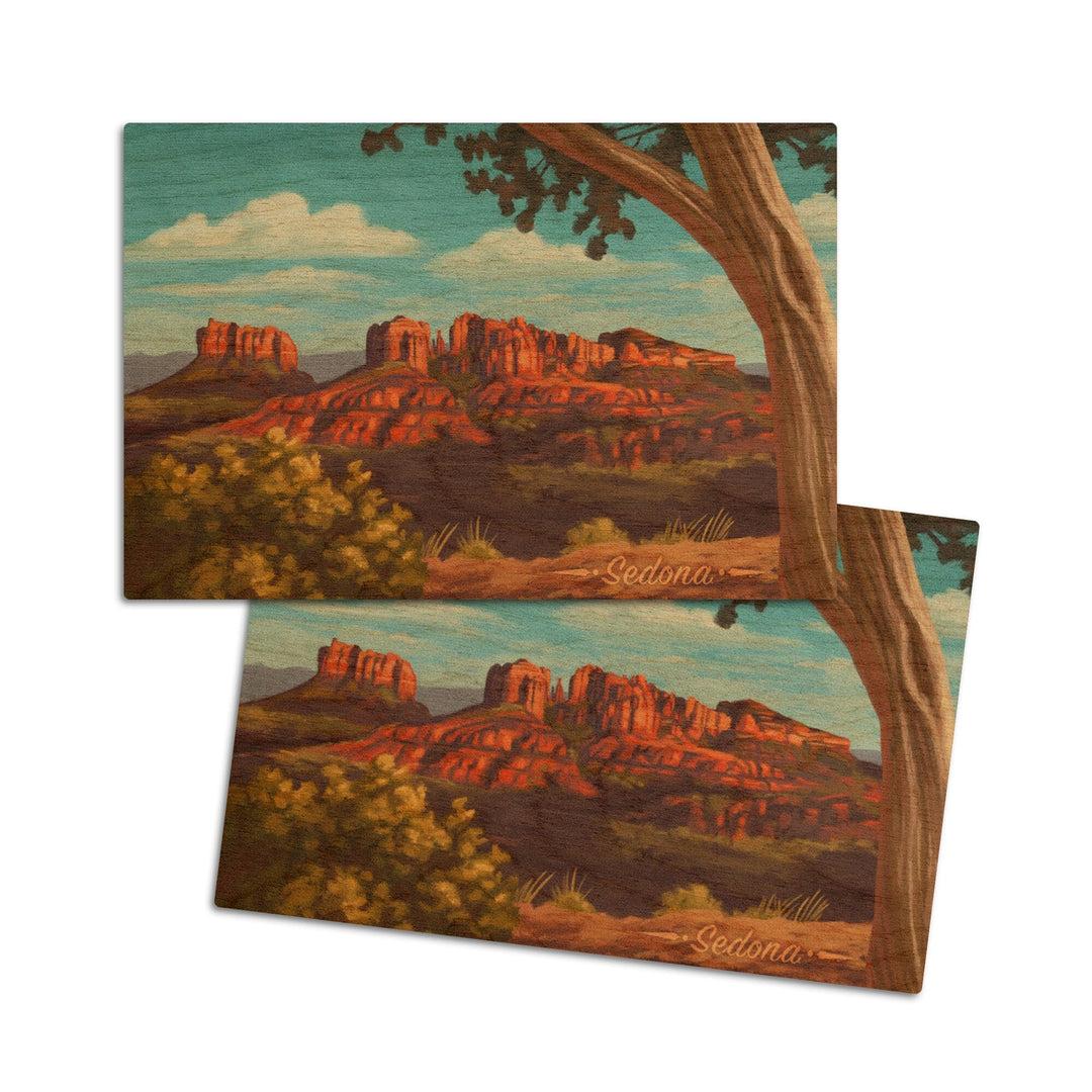 Sedona, Arizona, Canyon with Clouds Oil Painting, Lantern Press Artwork, Wood Signs and Postcards Wood Lantern Press 4x6 Wood Postcard Set 