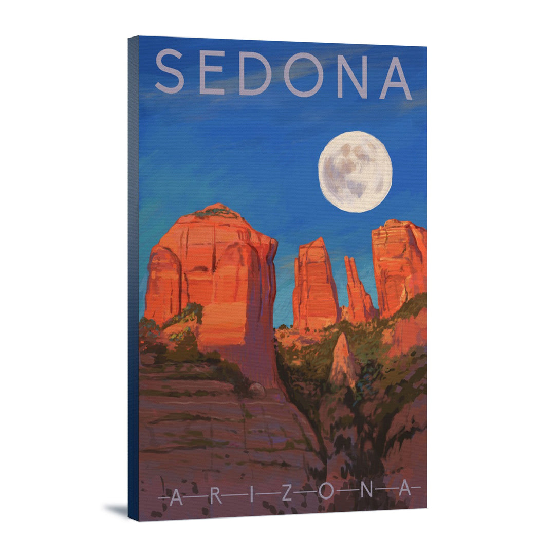Sedona, Arizona, Cathedral Rock, Moon, Oil Painting, Lantern Press Artwork, Stretched Canvas Canvas Lantern Press 12x18 Stretched Canvas 