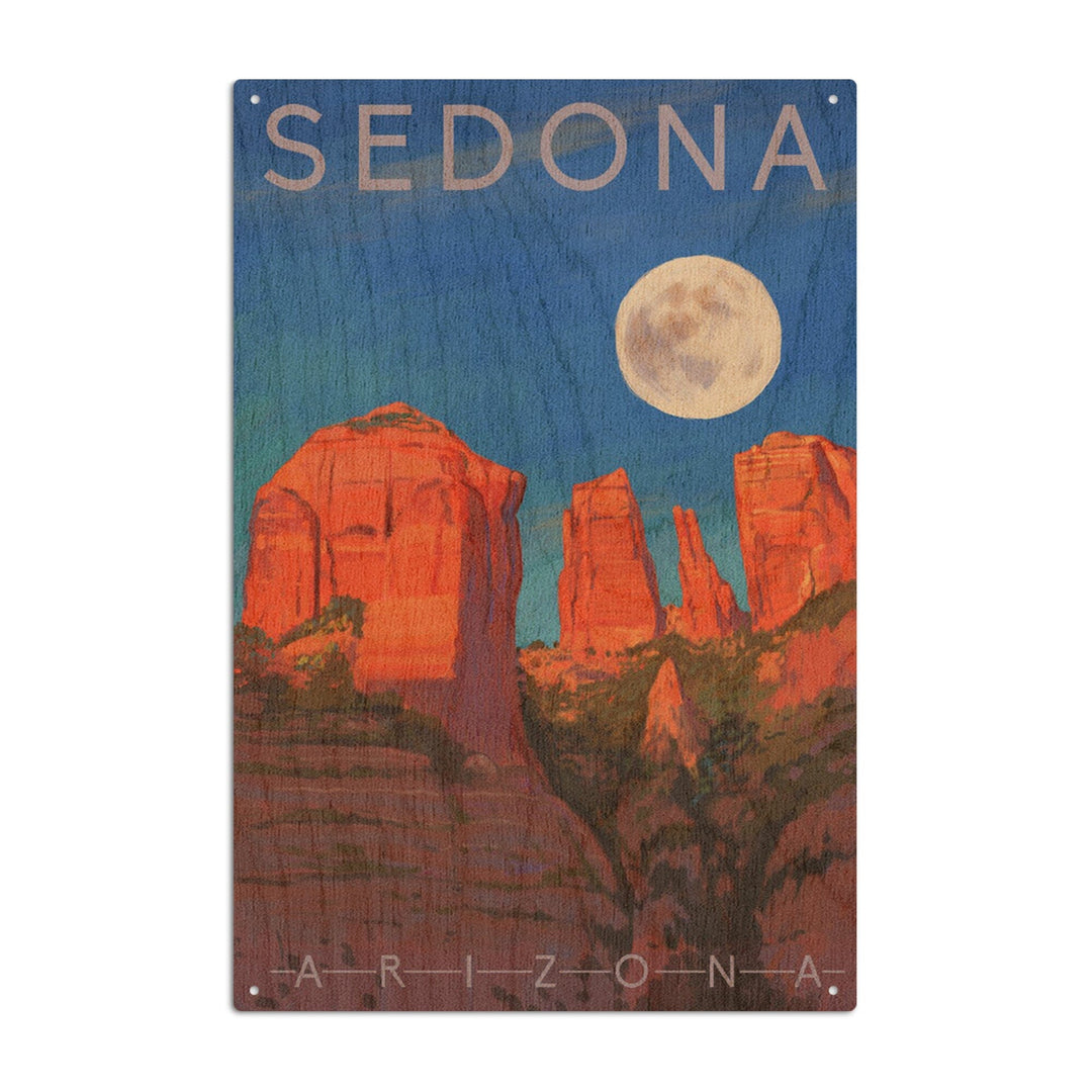 Sedona, Arizona, Cathedral Rock, Moon, Oil Painting, Lantern Press Artwork, Wood Signs and Postcards Wood Lantern Press 10 x 15 Wood Sign 