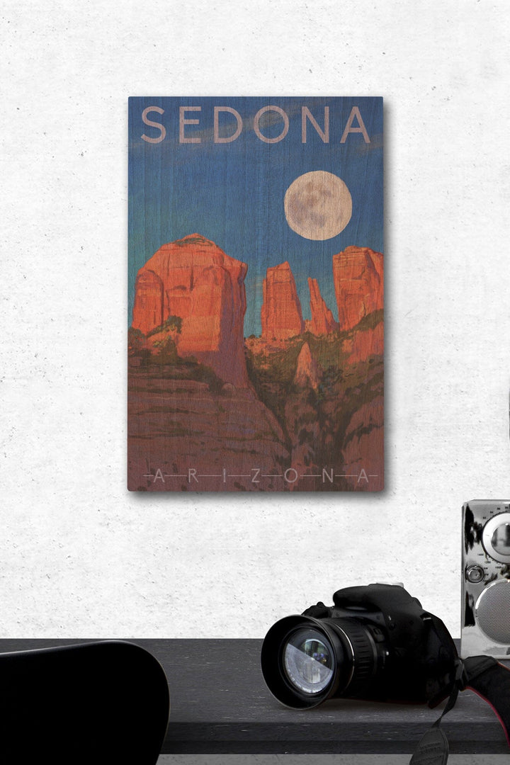 Sedona, Arizona, Cathedral Rock, Moon, Oil Painting, Lantern Press Artwork, Wood Signs and Postcards Wood Lantern Press 12 x 18 Wood Gallery Print 