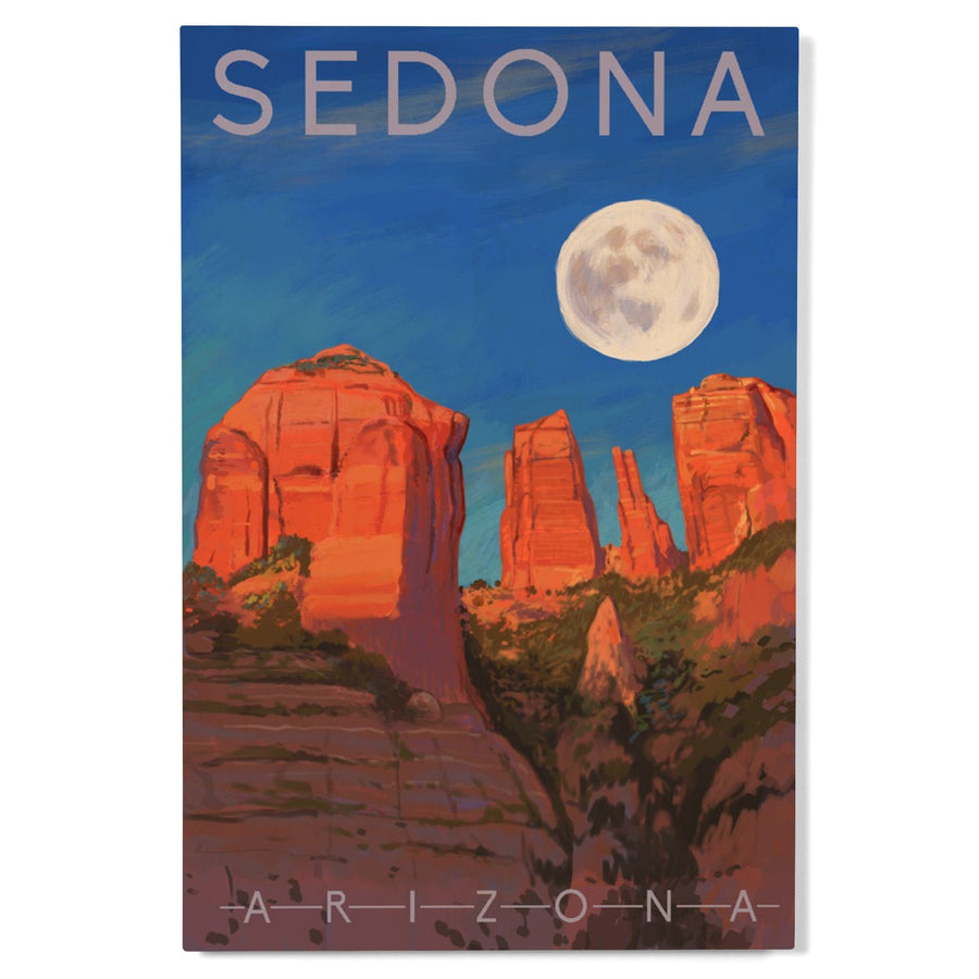 Sedona, Arizona, Cathedral Rock, Moon, Oil Painting, Lantern Press Artwork, Wood Signs and Postcards Wood Lantern Press 