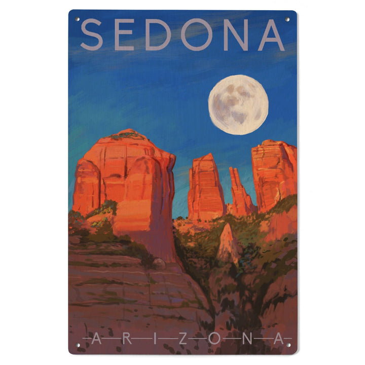 Sedona, Arizona, Cathedral Rock, Moon, Oil Painting, Lantern Press Artwork, Wood Signs and Postcards Wood Lantern Press 