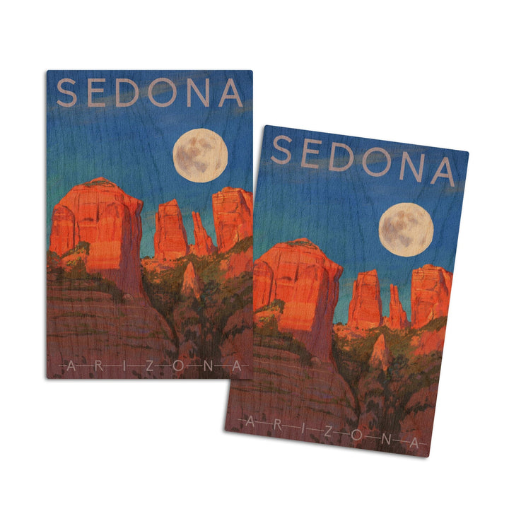 Sedona, Arizona, Cathedral Rock, Moon, Oil Painting, Lantern Press Artwork, Wood Signs and Postcards Wood Lantern Press 4x6 Wood Postcard Set 
