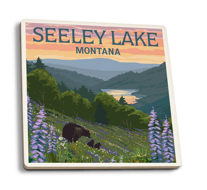 Seeley Lake, Montana, Bear & Spring Flowers, Lantern Press Artwork, Coaster Set Coasters Lantern Press 