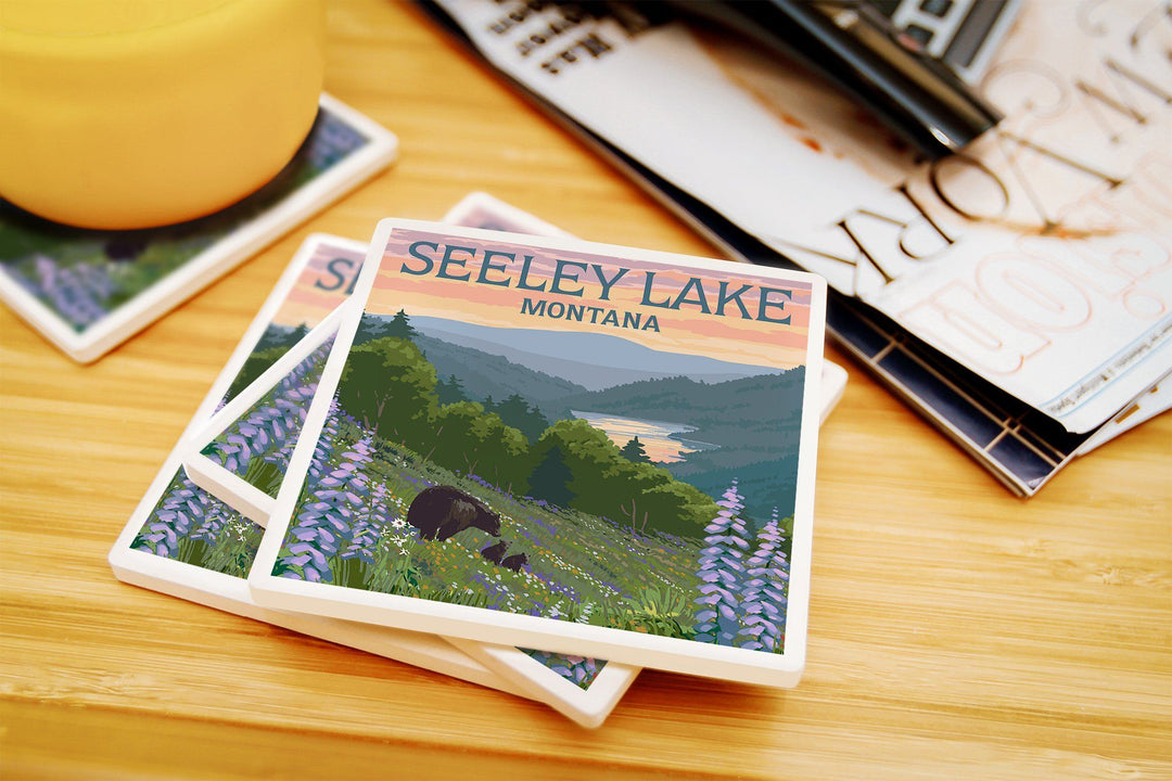 Seeley Lake, Montana, Bear & Spring Flowers, Lantern Press Artwork, Coaster Set Coasters Lantern Press 