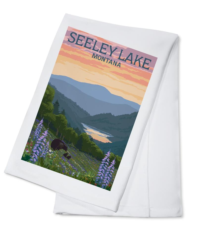 Seeley Lake, Montana, Bear & Spring Flowers, Lantern Press Artwork, Towels and Aprons Kitchen Lantern Press Cotton Towel 