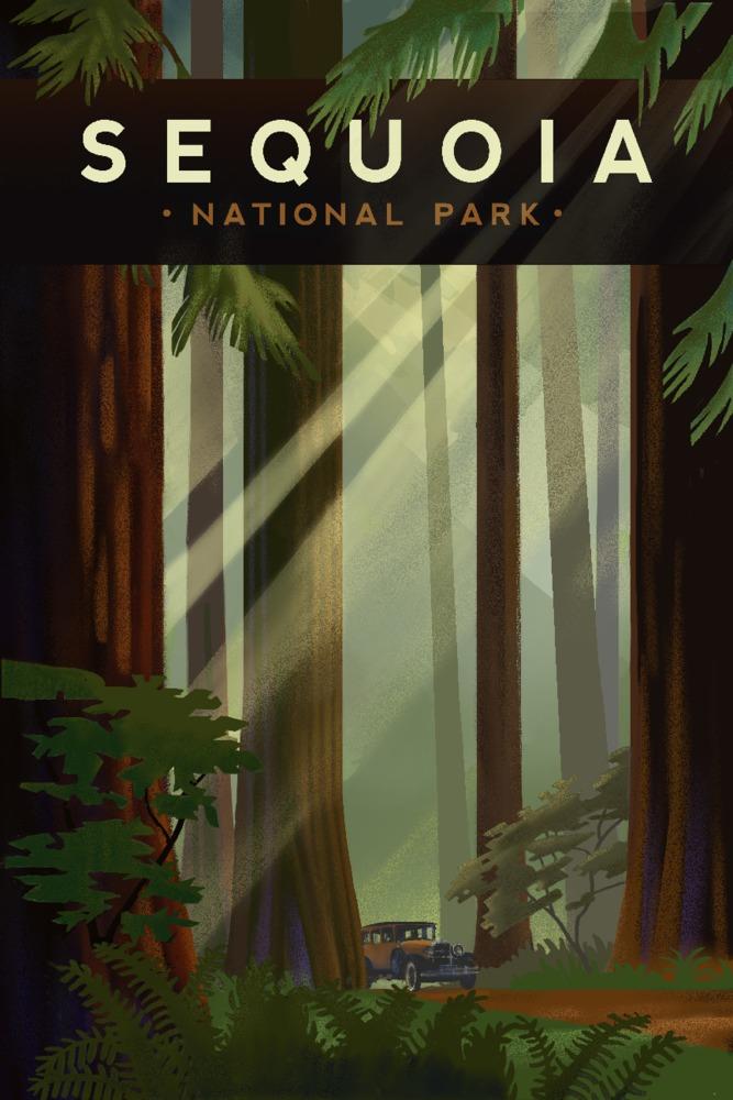 Sequoia National Park, California, Redwood Forest, Geometric Lithograph, Lantern Press Artwork, Art Prints and Metal Signs Art Lantern Press 12 x 18 Art Print 