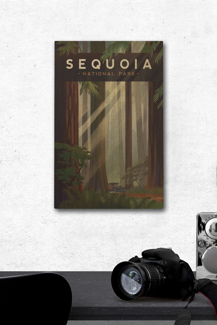 Sequoia National Park, California, Redwood Forest, Geometric Lithograph, Lantern Press Artwork, Wood Signs and Postcards Wood Lantern Press 12 x 18 Wood Gallery Print 