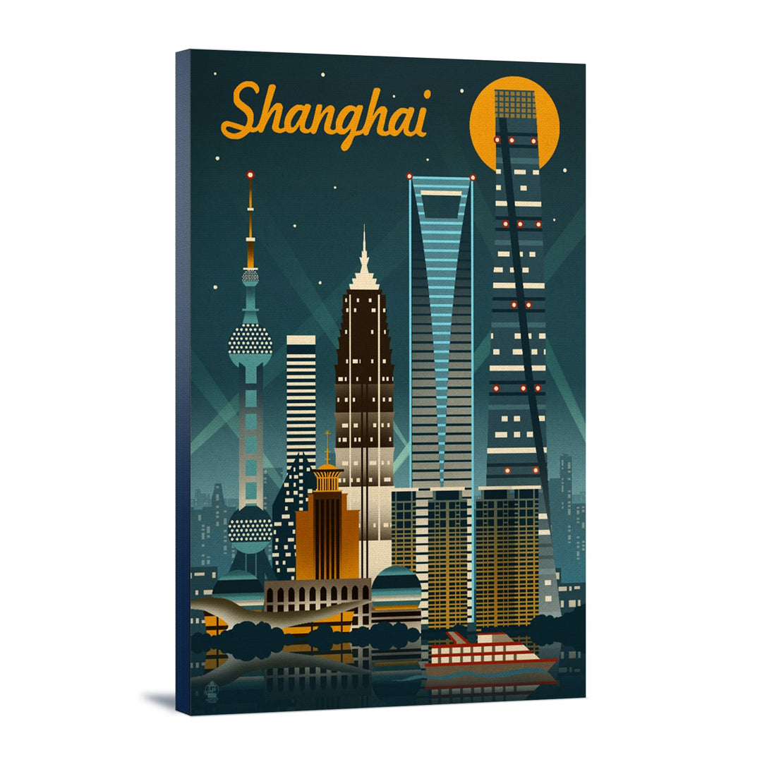 Shanghai, China, Retro Skyline, Lantern Press Artwork, Stretched Canvas Canvas Lantern Press 12x18 Stretched Canvas 
