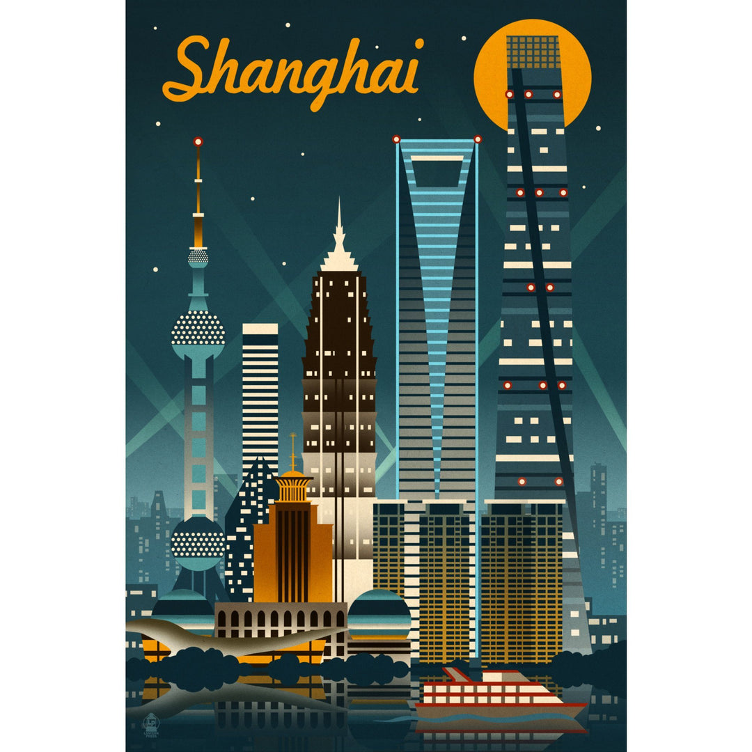 Shanghai, China, Retro Skyline, Lantern Press Artwork, Stretched Canvas Canvas Lantern Press 