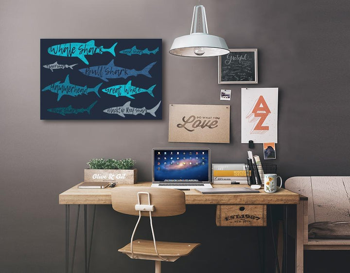 Sharks Pattern, Shark Names, Navy Background, Lantern Press Artwork, Stretched Canvas Canvas Lantern Press 