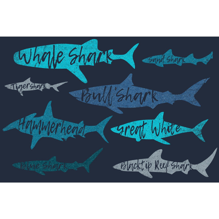 Sharks Pattern, Shark Names, Navy Background, Lantern Press Artwork, Stretched Canvas Canvas Lantern Press 